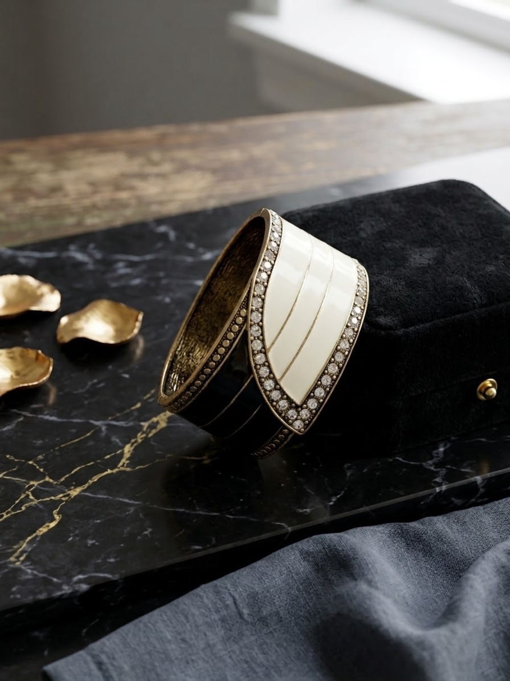 Art Deco Inspired Black & Cream Enamel Rhinestone Hinged Cuff Bracelet